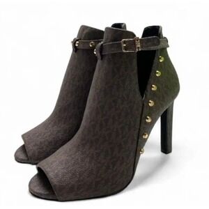 Michael Kors Logo Lawson Studded Heels – Brown Peep Toe Booties – Size 9M